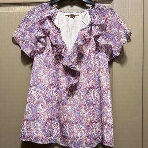 LOFT Paisley Ruffle Blouse - Purple and White